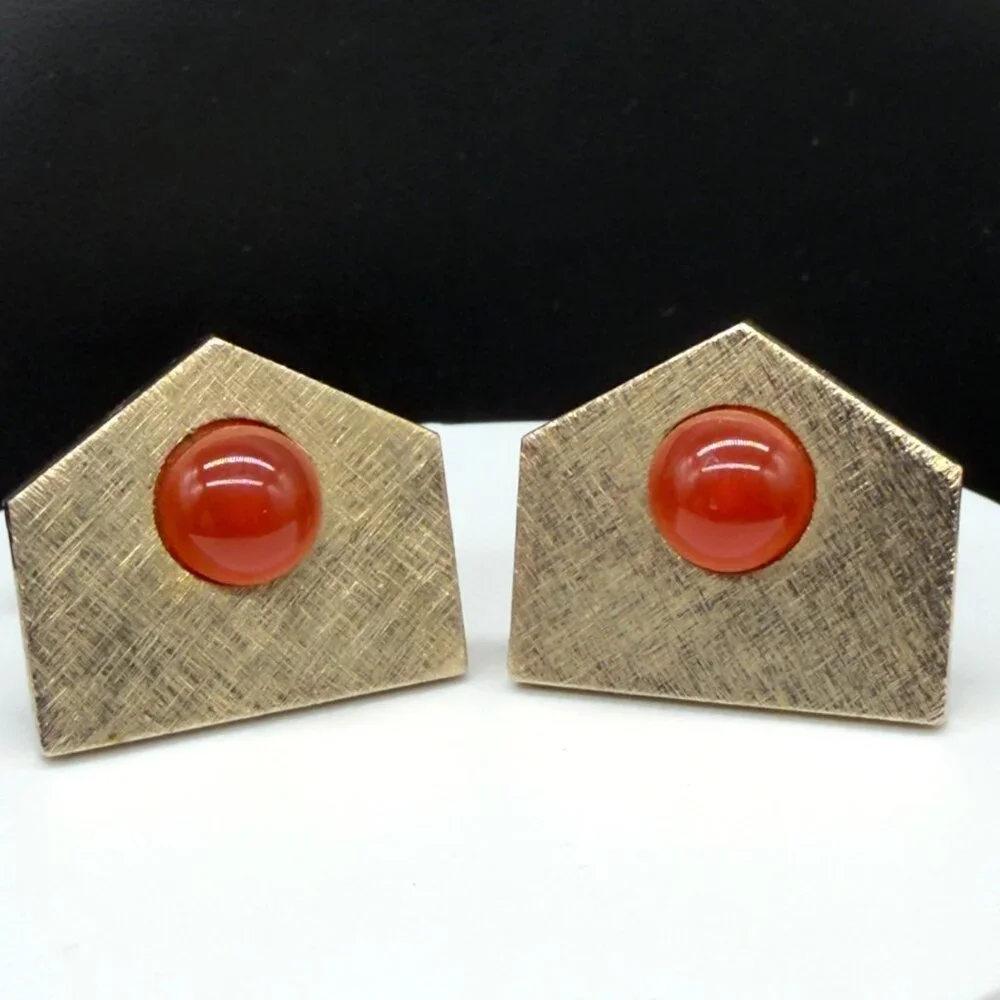 Vintage Gold Tone Geometric Cufflinks Textured Finish Burnt Orange Stone